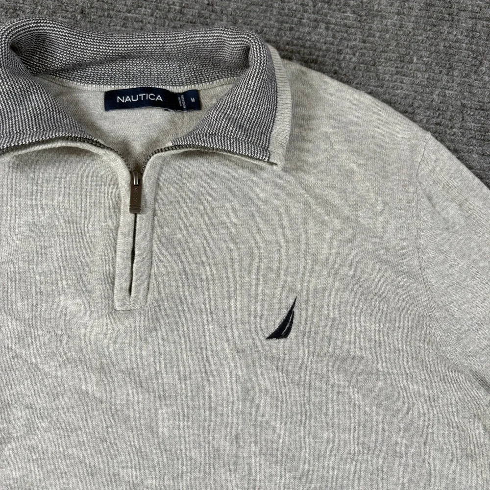 Nautica Mens Medium Heather Gray Quarter Zip Mock Neck Knit Sweater Logo 3930